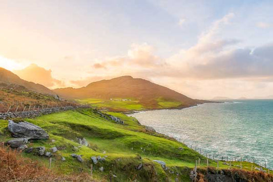 Golden sunlight over lush green fields and rugged mountains on the Irish coast