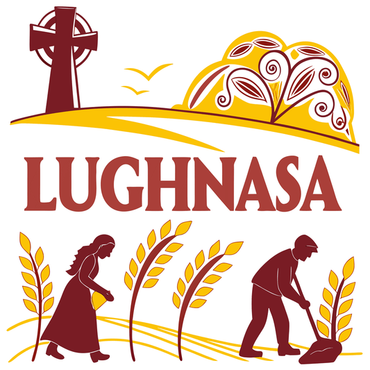Graphic bearing the word LUGHNASA and depicting elements associated with this festival, a Celtic Cross, flowers, workers harvesting a field of barley