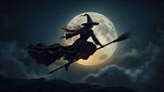 Graphic of a witch on a broomstick silhouetted against a full moon