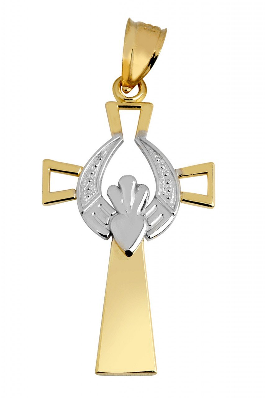 claddagh pendant - two tone gold modern claddagh cross