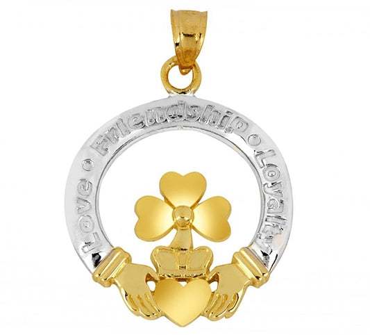 Claddagh Pendant - Two Tone Gold Claddagh and Shamrock