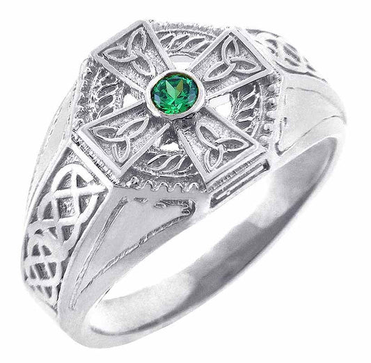 Celtic Ring - Men's White Gold Celtic Cross Ring with Emerald Stone Center