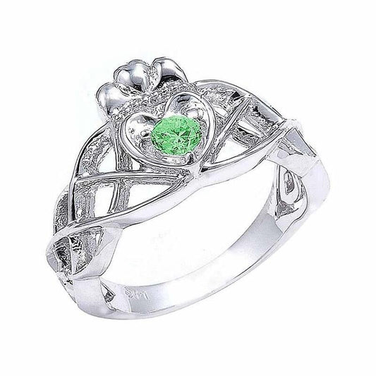 Claddagh Ring - White Gold Claddagh Knot Engagement Ring with Green CZ