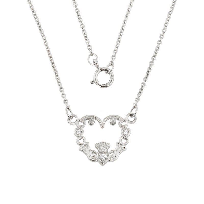 claddagh necklace - 14k white gold diamond claddagh necklace