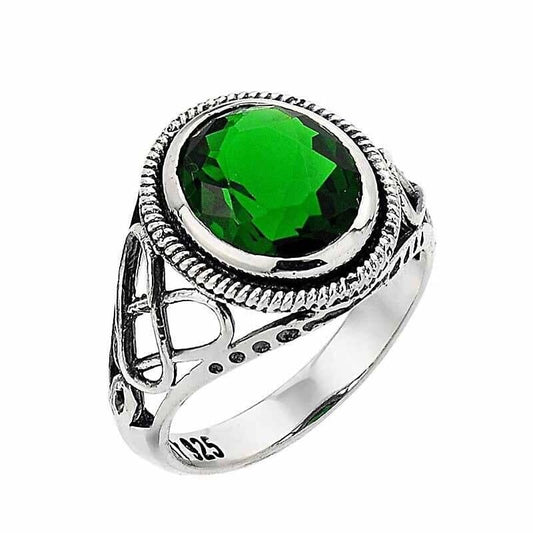 Celtic Ring - Sterling Silver Trinity Knot Emerald Stone Ring