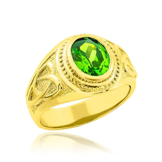 Celtic Ring - Men's Gold Celtic Green Oval CZ Ring