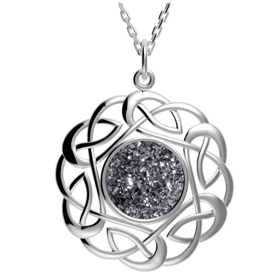 celtic necklace - sterling silver round celtic knot black drusy pendant