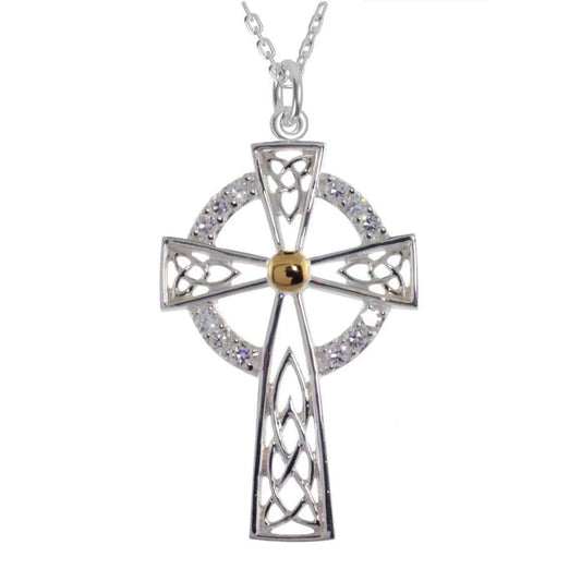 Irish Necklace | Sterling Silver with White CZ Stones High Cross Celtic Pendant