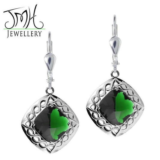 Irish Earrings - Sterling Silver Green Quartz Cable Celtic Weave Earrings