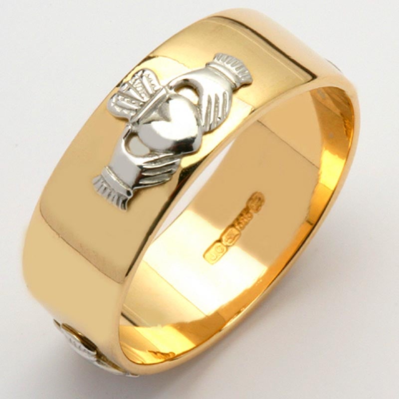 irish wedding ring - men's gold two tone claddagh wide wedding band
