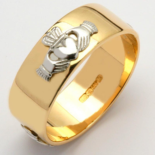 Irish Wedding Ring - Men's Gold Two Tone Claddagh Wide Wedding Band