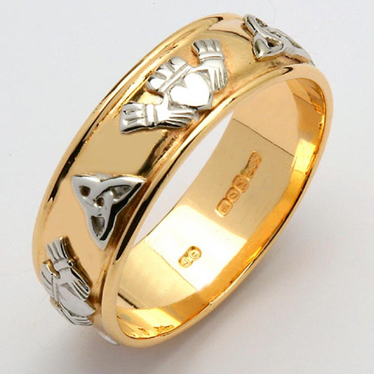 Irish Wedding Ring - Ladies Gold Two Tone Claddagh Trinity Knot Wide Wedding Band
