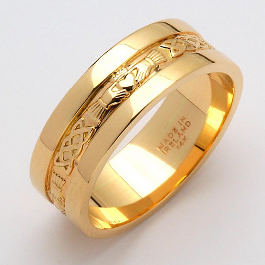 Irish Wedding Ring - Men's Gold Claddagh Corrib Wedding Band with Rims