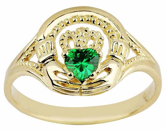 Claddagh Ring - Ladies Yellow Gold Claddagh Ring with Emerald
