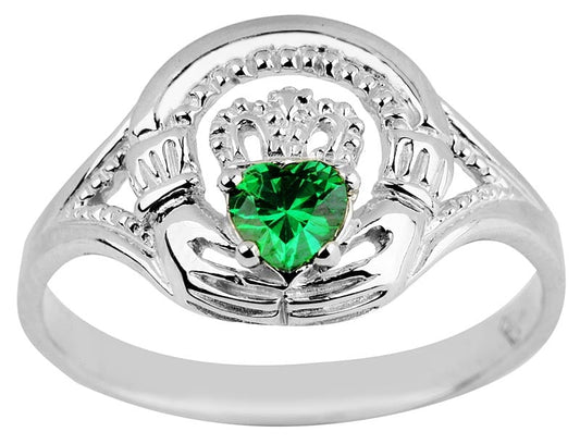 Claddagh Ring - Ladies White Gold Claddagh Ring with Emerald