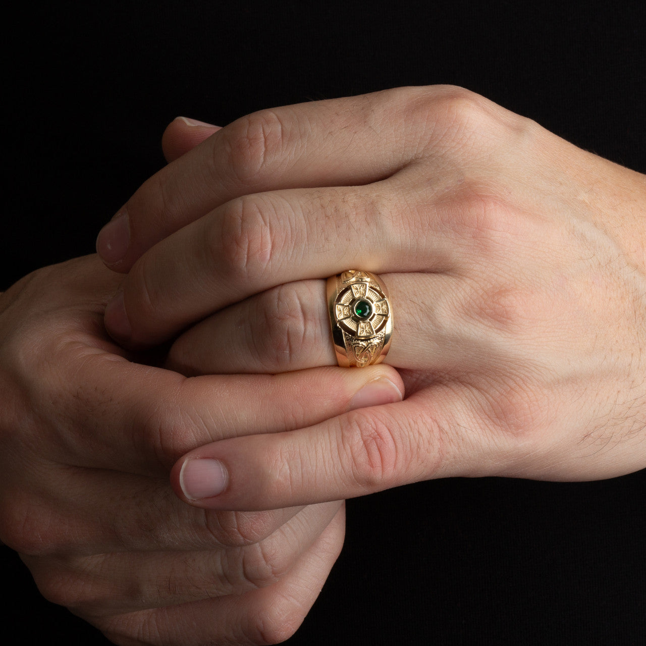 celtic ring | men's gold green emerald cz irish ring