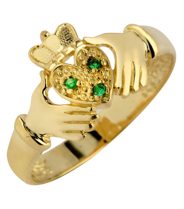 claddagh ring - ladies yellow gold claddagh ring with emeralds