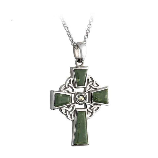 Celtic Pendant - Sterling Silver and Connemara Marble Celtic Cross Pendant with Chain