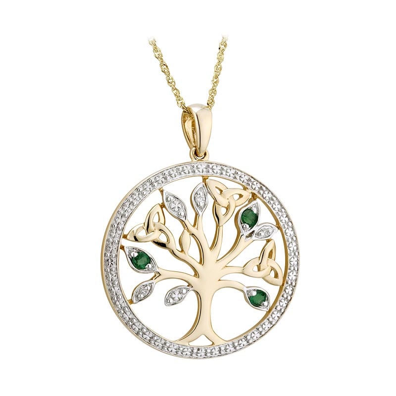 irish necklace - 14k gold with diamonds and emeralds tree of life pendant