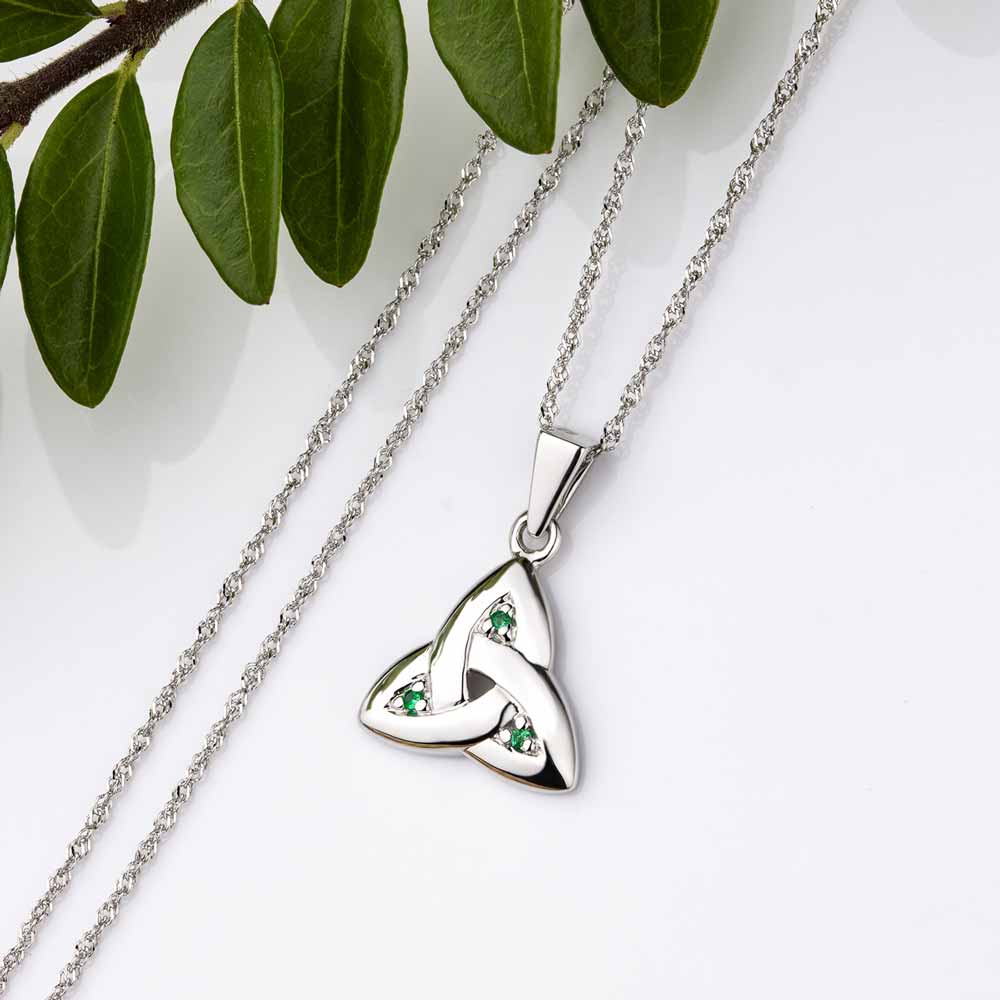irish necklace - 14k white gold trinity knot with emeralds pendant with chain