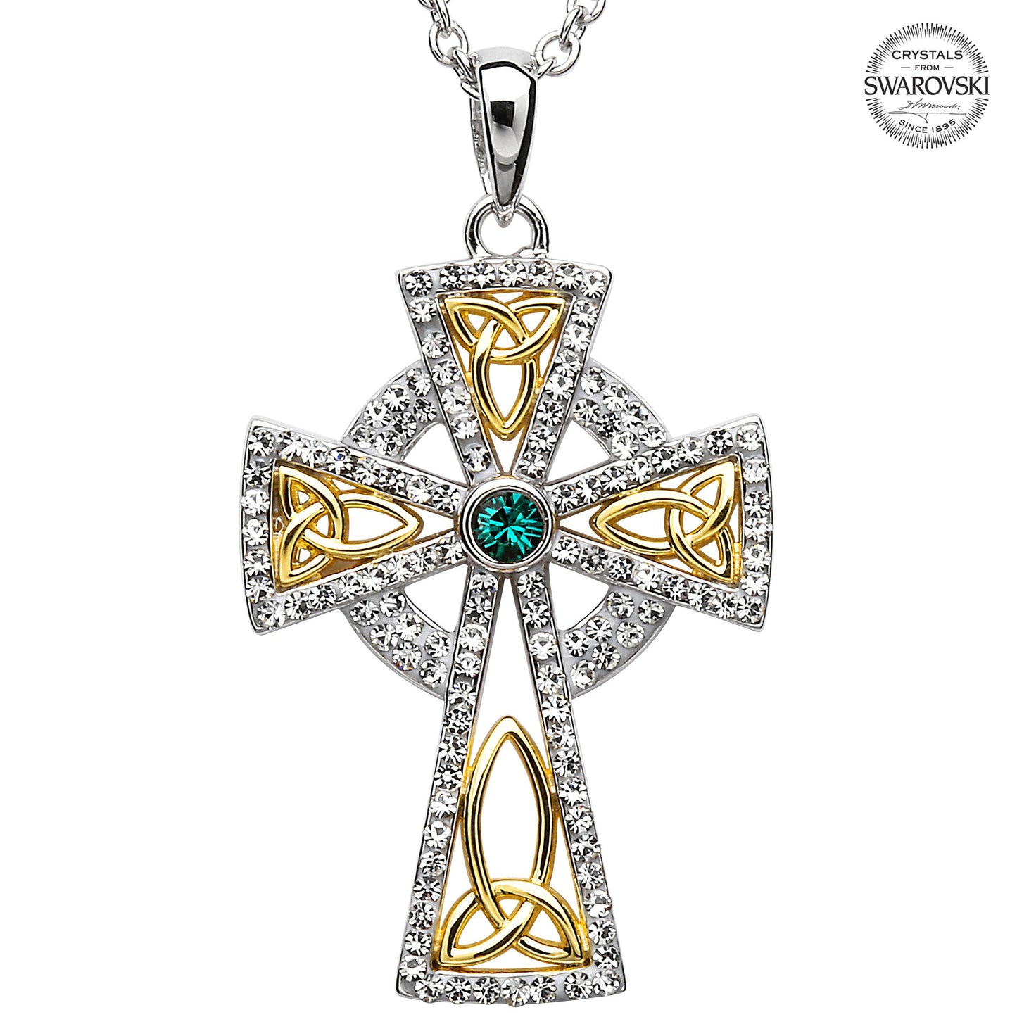 celtic cross necklace - sterling silver and gold plated trinity gold plated cross embellished with emerald swarovski crystals