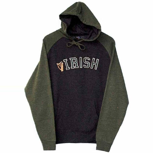Irish Sweatshirt - Charcoal and Green Irish with Harp Embroidered Hooded Sweatshirt