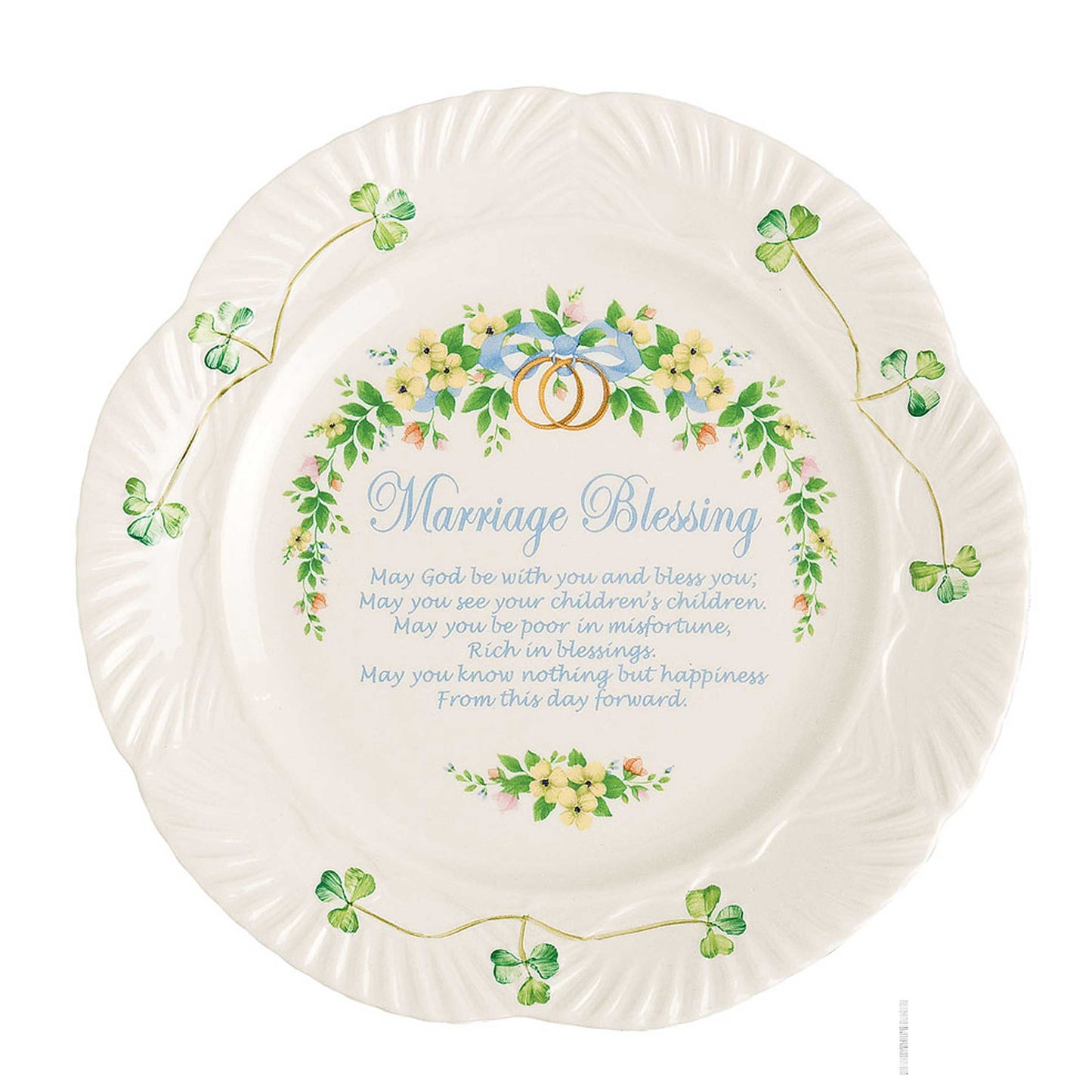 belleek marriage blessing plate
a decorative plate with floral design, featuring shamrocks, rings, and 'marriage blessing' text on a white background.