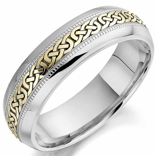 Irish Wedding Ring - Mens White and Yellow Gold Celtic Knot Wedding Band