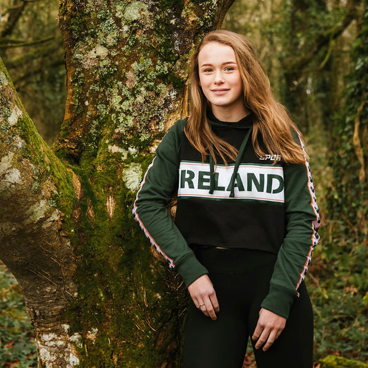 Irish Sweatshirt | Ladies Green & Black Ireland Sport Cropped Hooded Sweatshirt