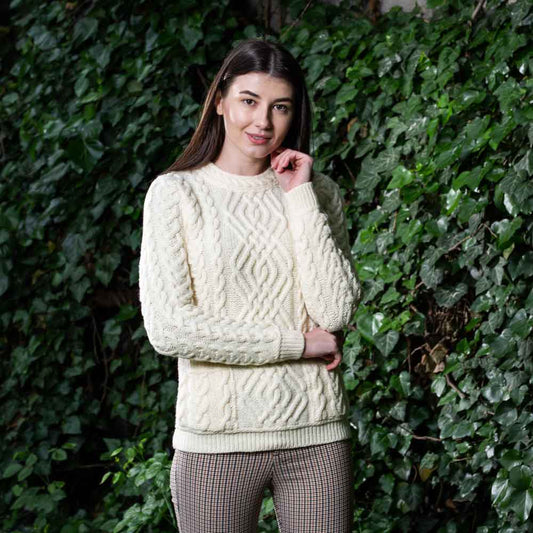 Irish Sweater | Aran Cable Knit Merino Wool Crew Ladies Sweater