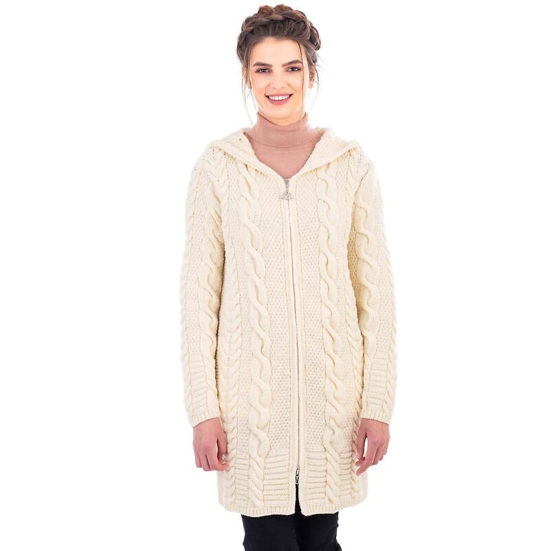 irish coat | merino wool aran cable knit hooded ladies jacket