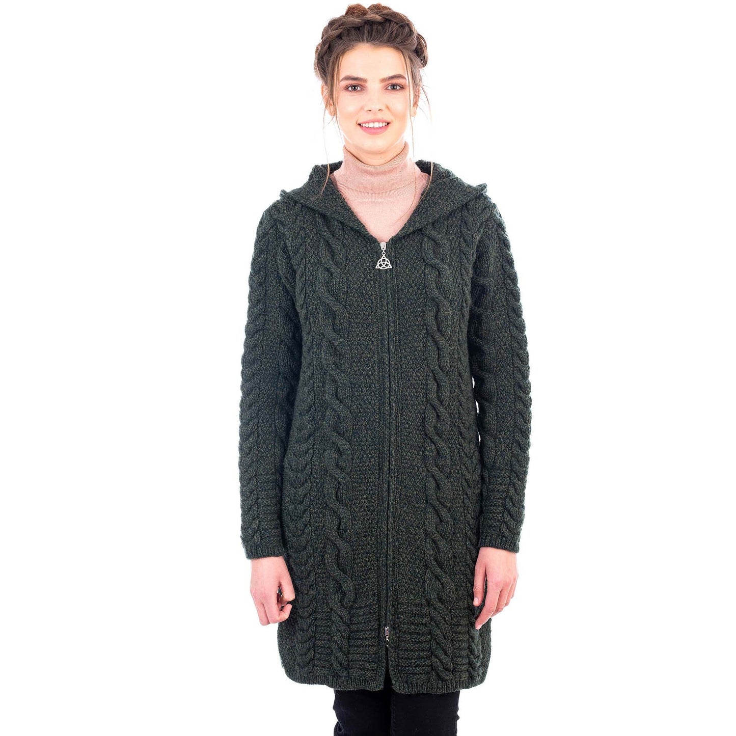 irish coat | merino wool aran cable knit hooded ladies jacket