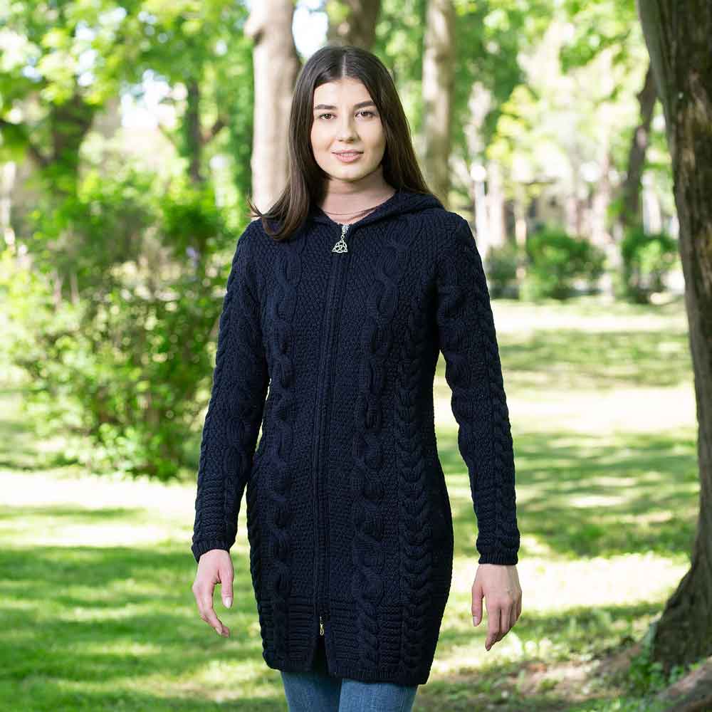 irish coat | merino wool aran cable knit hooded ladies jacket