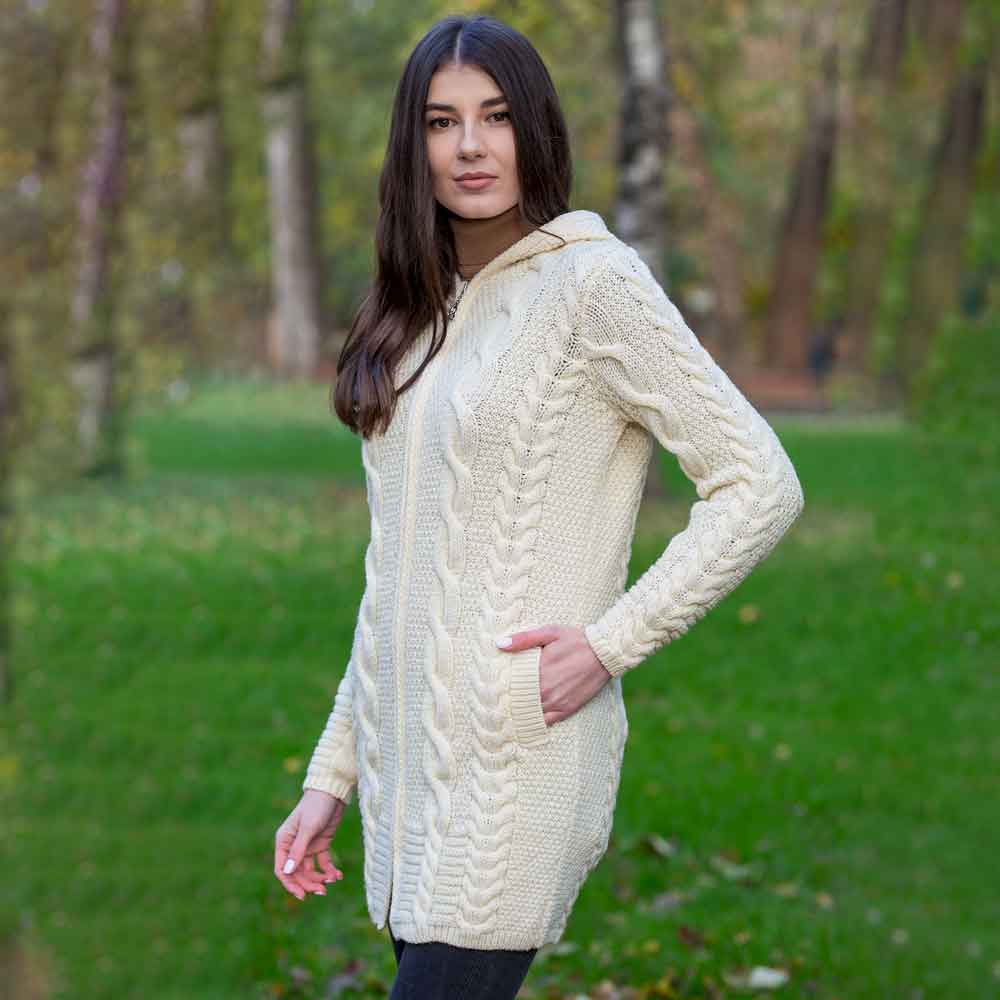irish coat | merino wool aran cable knit hooded ladies jacket