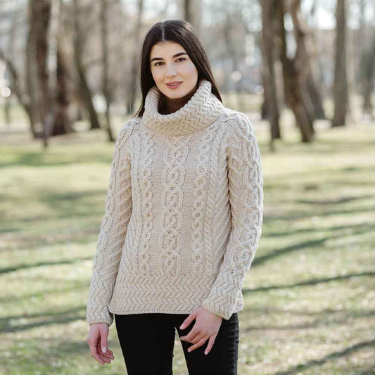 Irish Sweater | Merino Wool Aran Knit Cowl Neck Ladies Sweater