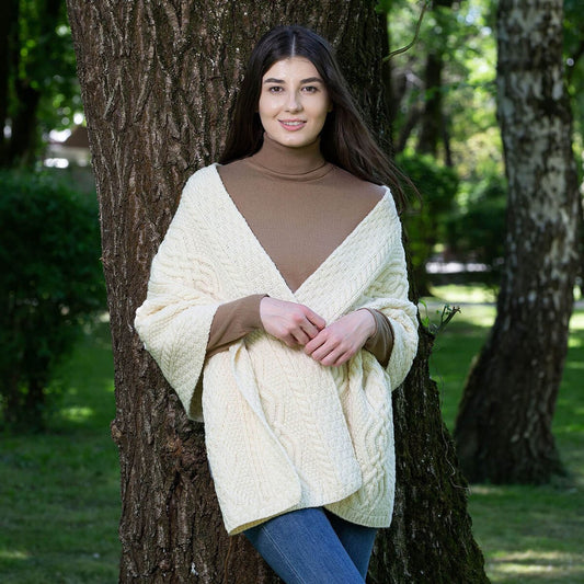 Irish Shawl | Classic Aran Cable Knit Merino Wool Ladies Shawl