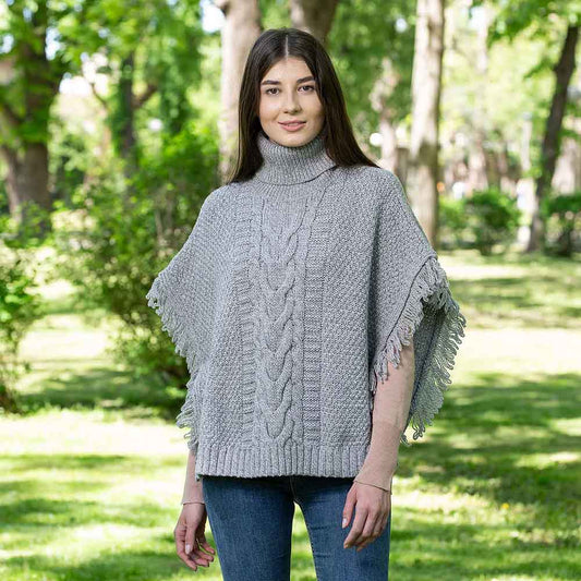 Irish Shawl | Merino Wool Aran Knit Cowl Neck Ladies Poncho