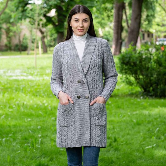 Irish Coat | Merino Wool Aran Knit Double Breasted Shawl Collar Ladies Coat