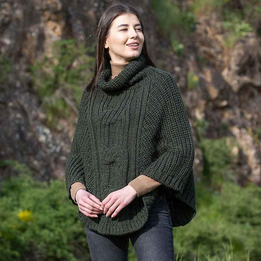 Irish Shawl | Merino Wool Cable Knit Cowlneck Ladies Poncho