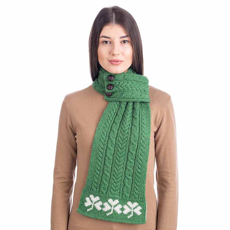 irish scarf | merino wool aran knit shamrock pattern ladies loop scarf with buttons