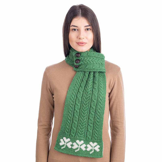 Irish Scarf | Merino Wool Aran Knit Shamrock Pattern Ladies Loop Scarf with Buttons