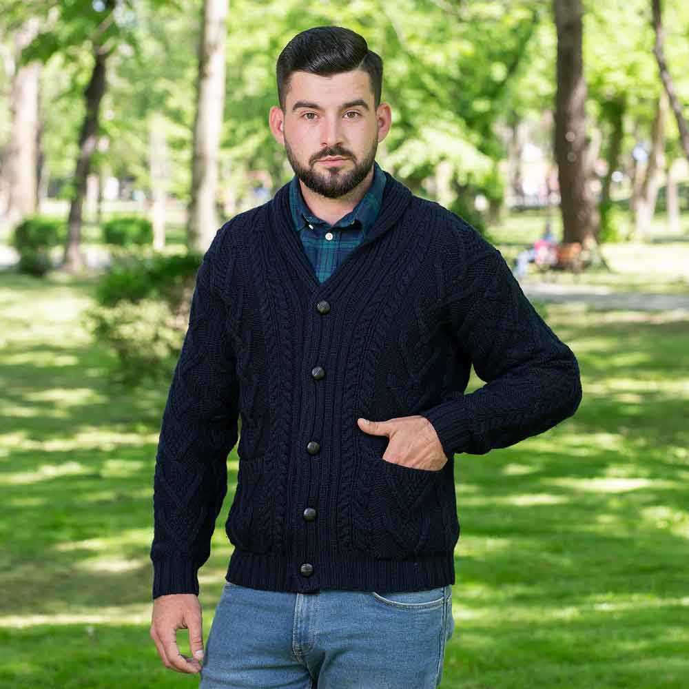 irish cardigan | merino wool aran cable knit shawl-collar mens cardigan