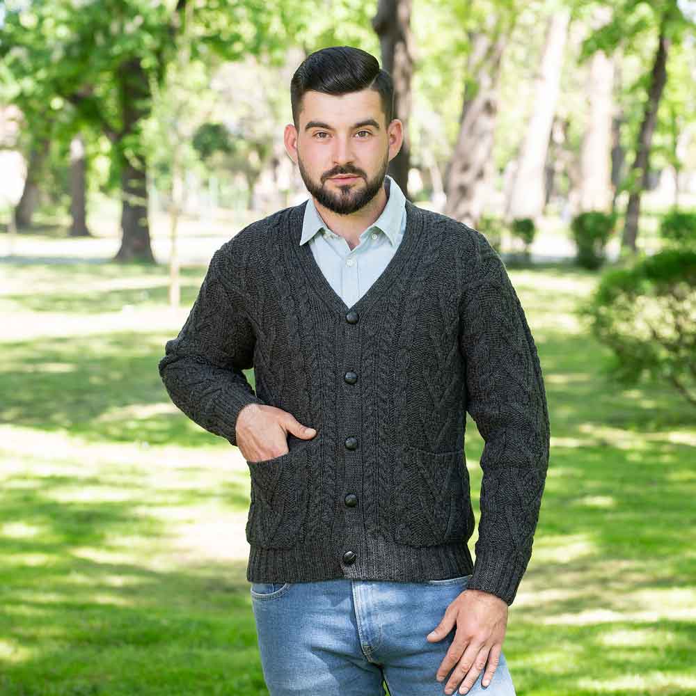 irish cardigan | merino wool v neck cable knit mens cardigan