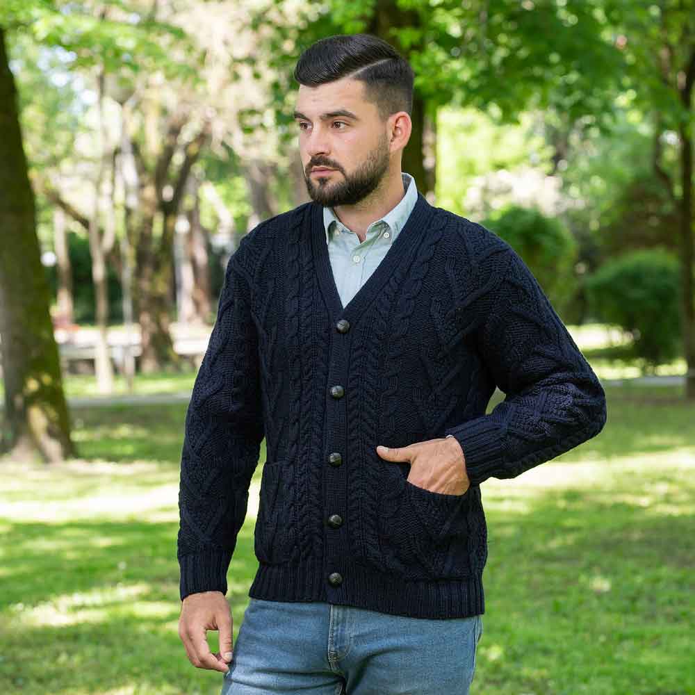 irish cardigan | merino wool v neck cable knit mens cardigan