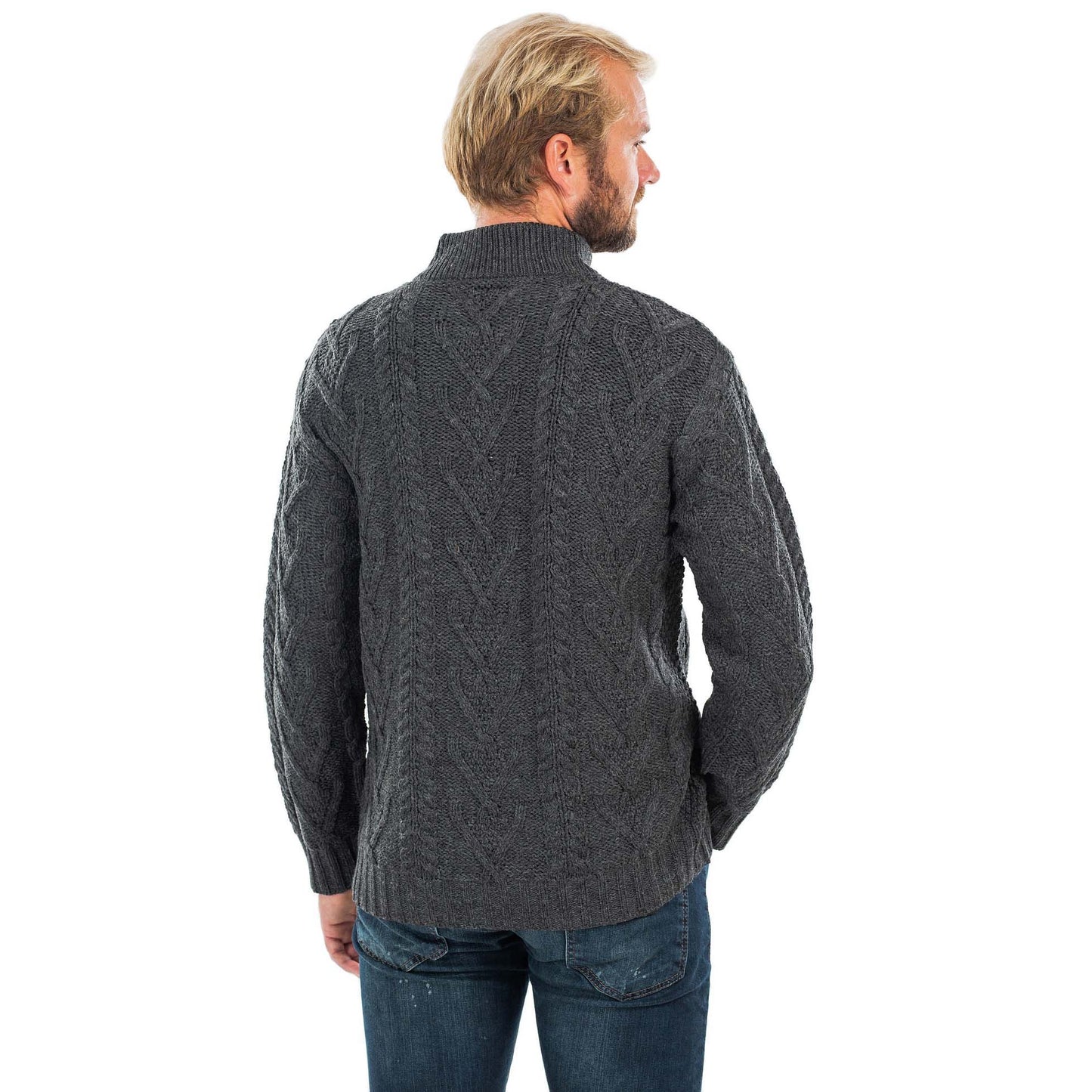 irish sweater | merino wool aran knit zip neck fisherman mens sweater