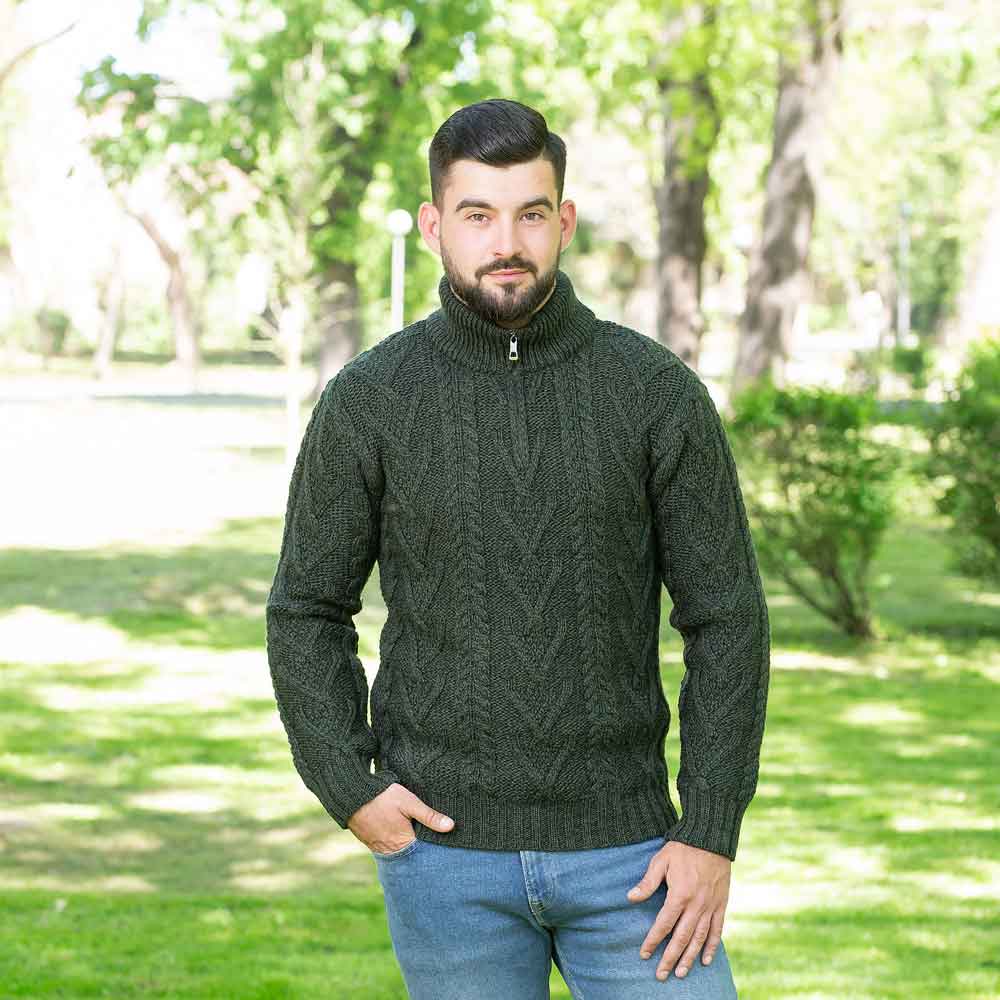 irish sweater | merino wool aran knit zip neck fisherman mens sweater