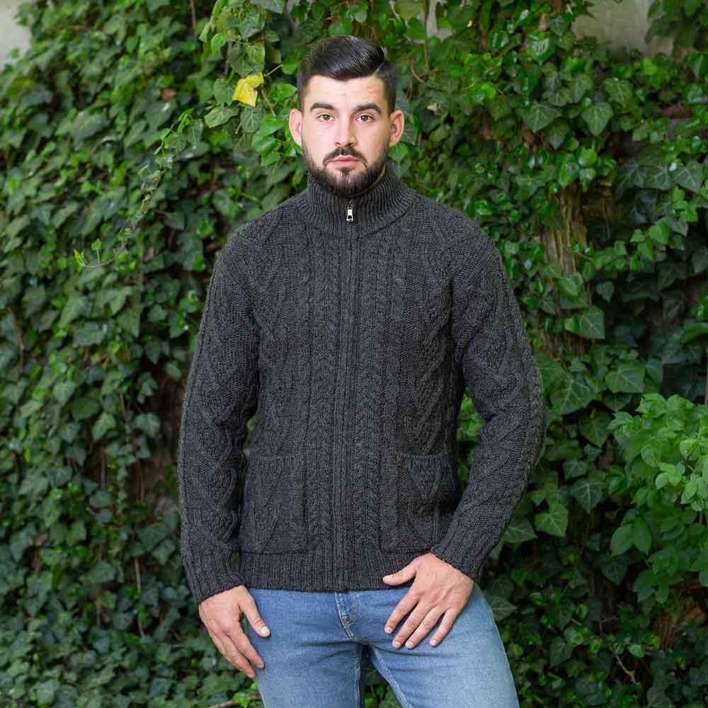 irish cardigan | merino wool aran knit mens zip cardigan
