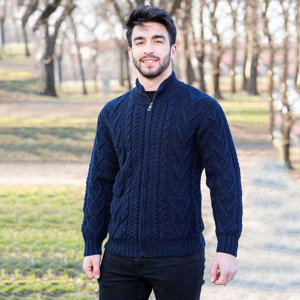 irish cardigan | merino wool aran knit mens zip cardigan