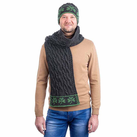 Irish Scarf | Aran Cable Knit Merino Wool Shamrock Mens Scarf