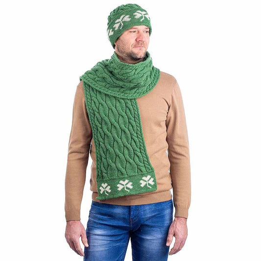 Irish Scarf | Merino Wool Cable Knit Shamrock Mens Scarf